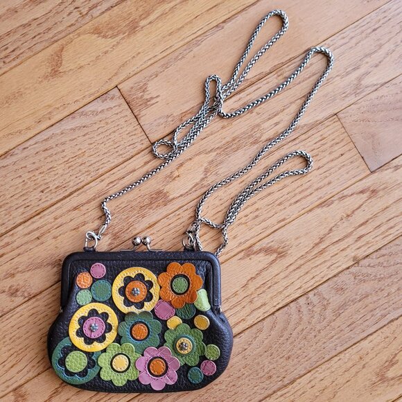 Brighton Brown Coin Purse Kiss Lock Leather Flower Appliqué Chain Strap - Picture 1 of 12
